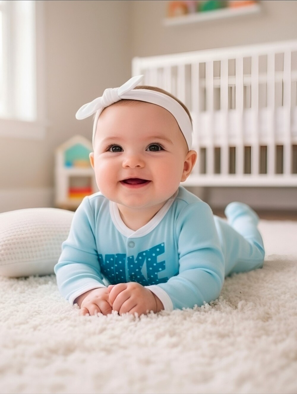 Nike Baby Light Blue Polka Dot Logo Footed Coverall Romper Headband Set 3M NWT